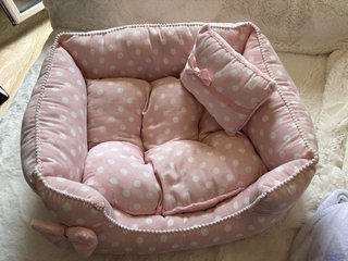Cama para perro o gato rosa lunares