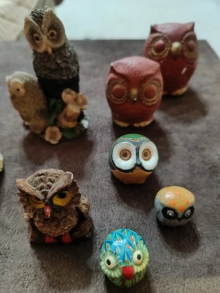 Collezione di 12 gufi decorativi