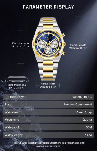 Reloj LIGE Hombre Azul y Dorado