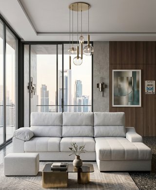 Sofá chaiselongue gris claro + puff