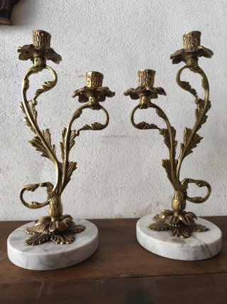 Pareja Candelabros Vintage Latón y Mármol