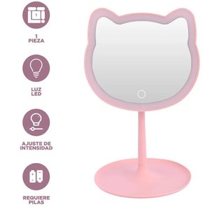 Espejo Tocador Miniso Gatito Rosa LED