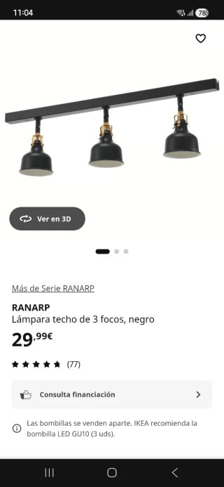 Lámpara Techo 3 Focos Ikea Ranarp Negra
