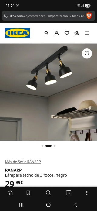 Lámpara Techo 3 Focos Ikea Ranarp Negra