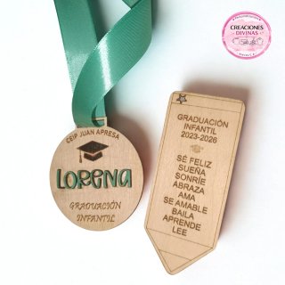 Medalla y marcapaginas Madera Graduación Infantil