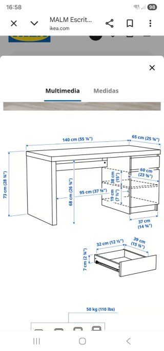 Escritorio blanco con cajón y armario.
