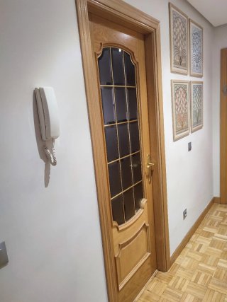 Puerta madera maciza con cristal.