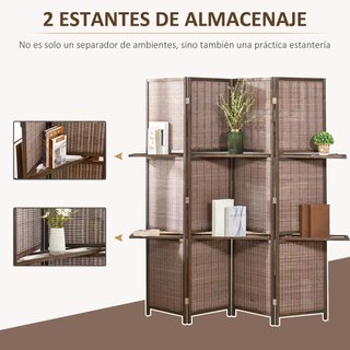 Biombo Bambú 4 Paneles 180x180 con Estantes Marrón