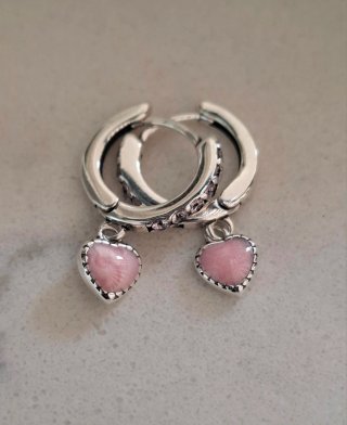 Pendientes, aros de plata con  corazón gema rosa