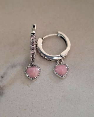 Pendientes, aros de plata con  corazón gema rosa
