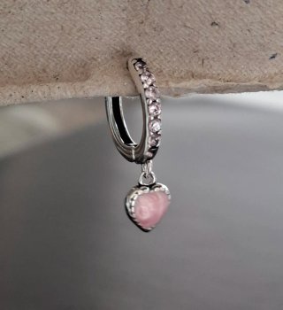 Pendientes, aros de plata con  corazón gema rosa