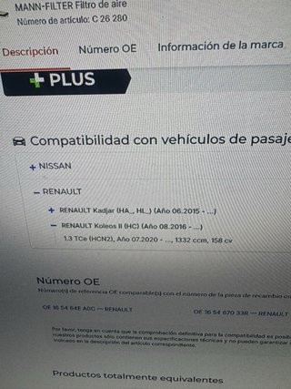 Filtro Mann C 26 280 para nissan y renault