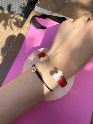 Pulsera Tous Cuero Roja y Plata Osito