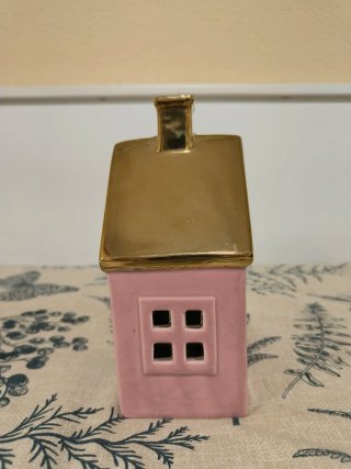 Portavelas Casa Cerámica Rosa y Dorada