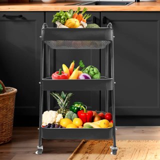 Mueble Carrito Metálico Negro 3 Estantes Ruedas