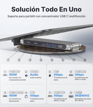 KU XIU soporte HUB Portatil 8en1 360° 4K PD100W
