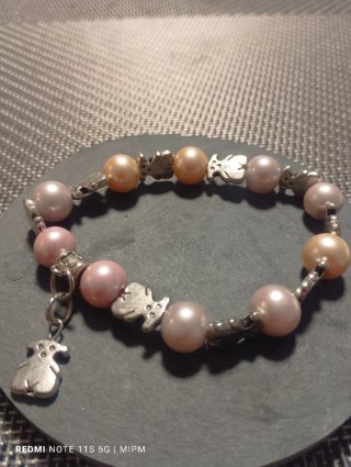 Pulsera estilo oso perlas rosa y plata