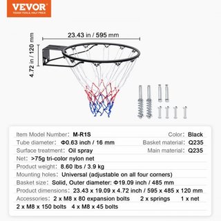 Aro de Baloncesto, Aro de Baloncesto Montado en Pared o Puerta, Reemplazo de Aro de Baloncesto Flex de Q235 de Alta Resistencia con Red y Doble Resorte, Aro Colgante Estándar de 18" para Interiore...