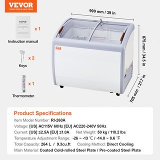 Vitrina de Helados Comercial, Congelador de Cofre de 264 L, Congelador Profundo de Cristal Móvil, Gabinete de Dipping de Gelato para Restaurante con 3 Cestas de Alambre, 2 Puertas de Cristal Desli...