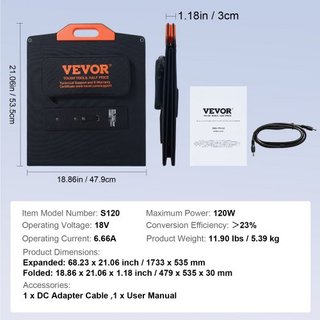 Panel Solar Monocristalino Portátil, Cargador Solar Plegable Monocristalino ETFE de 120W, Panel Solar de 23% de Eficiencia con Puerto Type C, DC 18V, Puerto USB QC3.0, Impermeable IP67 para Hogar,...