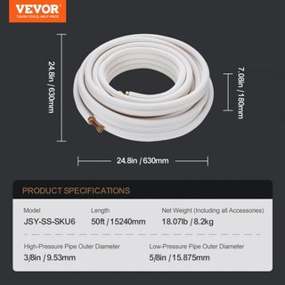 Set di tubazioni Mini Split da 15240mm, tubi in rame da 9,5 e 15,9mm di diametro esterno e isolamento a triplo strato, per refrigerante di aria condizionata Mini Split o pompe di calore