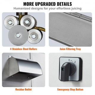Extractor de Jugo de Caña de Azúcar Eléctrico, Máquina de Jugo de Caña de Azúcar de 800W con Alta Producción de 661LBS/H, 4 Rodillos de Acero Inoxidable, Ajuste Automático de Presión de Rodillo pa...