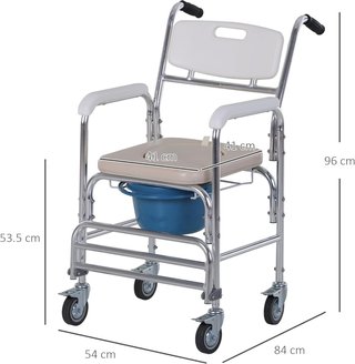 Silla de Ruedas Impermeable Con WC Asiento de Ecopiel, 4 Ruedas, Vaso Extraíble para Ancianos/Discapacitados, 84X54X96Cm