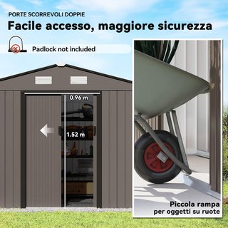 Capanno da Giardino 5M² in Acciaio Zincato con Kit di Fondazione, Uscite d'Aria, Tetto Inclinato, Doppia Porta Scorrente Bloccabile, Capanno per Attrezzi, Marrone
