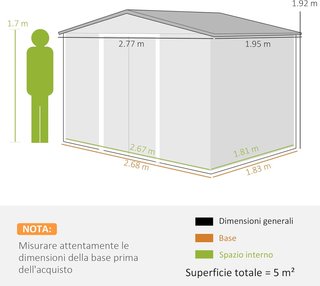 Capanno da Giardino 5M² in Acciaio Zincato con Kit di Fondazione, Uscite d'Aria, Tetto Inclinato, Doppia Porta Scorrente Bloccabile, Capanno per Attrezzi, Marrone