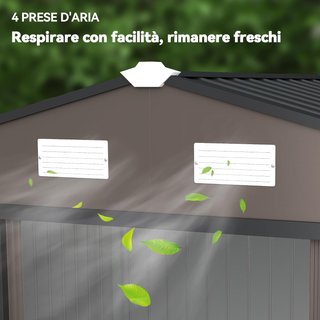 Capanno da Giardino 5M² in Acciaio Zincato con Kit di Fondazione, Uscite d'Aria, Tetto Inclinato, Doppia Porta Scorrente Bloccabile, Capanno per Attrezzi, Marrone