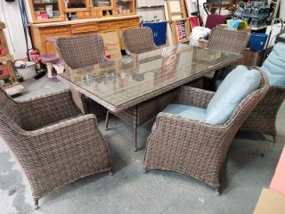 Mesa y 6 Sillas de Jardín Mimbre y Cristal