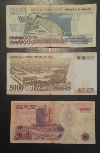 9 Billetes antiguos de Turquía (liras millonarias)