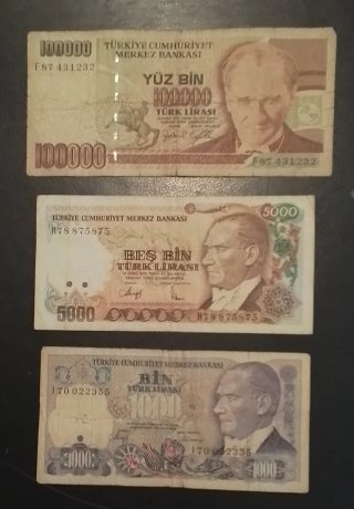 9 Billetes antiguos de Turquía (liras millonarias)