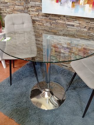 Mesa cristal redonda + 2 sillas terciopelo