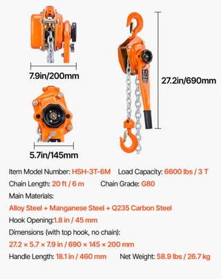 VEVOR Polipasto de Cadena Manual Carga de 3 T