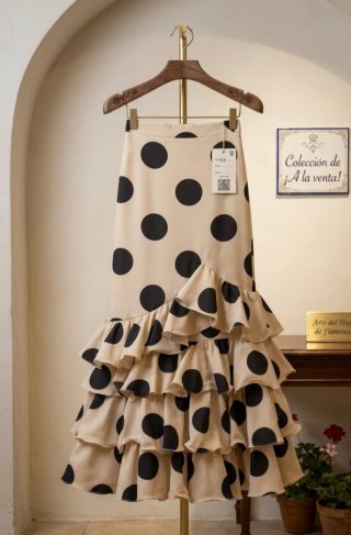 Falda flamenca volantes lunares beige y negro