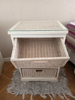 Cajonera Mimbre Mesita Noche Auxiliar con cristal