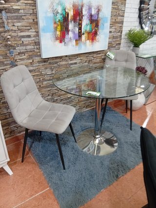 Mesa redonda cristal + 2 sillas terciopelo