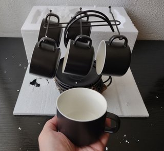 Juego 6 tazas, 6 platillos, soporte metálico