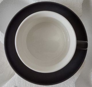 Juego 6 tazas, 6 platillos, soporte metálico