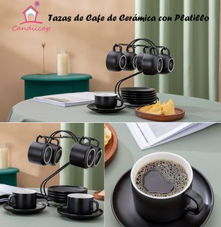 Juego 6 tazas, 6 platillos, soporte metálico