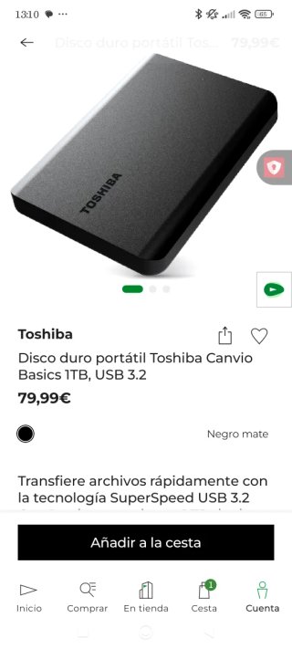 Disco Duro Portátil Toshiba Basics 1TB USB