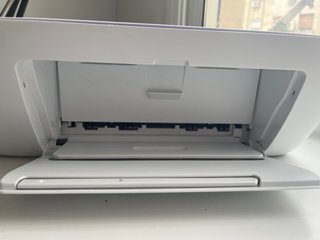 Impresora HP azul y blanca