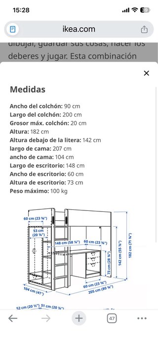 Cama alta IKEA SMÅSTAD con escritorio