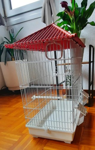 Jaula para pájaros roja y blanca