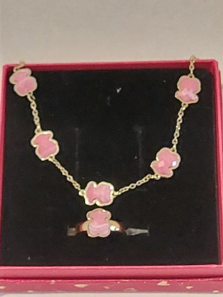Conjunto collar y anillo osito rosa oro