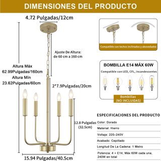 Lámpara araña dorada 4 luces E14