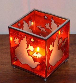 Porta-velas vitral com fantasmas e morcego