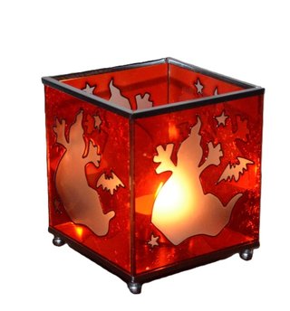 Porta-velas vitral com fantasmas e morcego