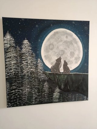 Cuadro lobos luna llena acrílico tamaño 60×60 cm.